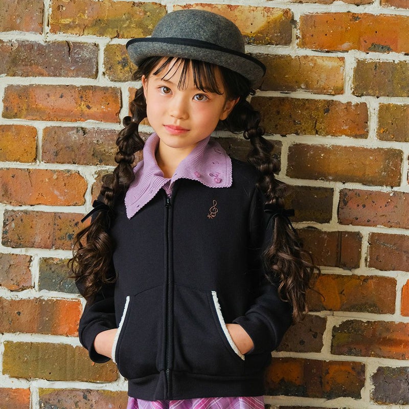 ベビー服 女の子 あったか裏起毛 音符刺繍フード取り外し ジップアップパーカー