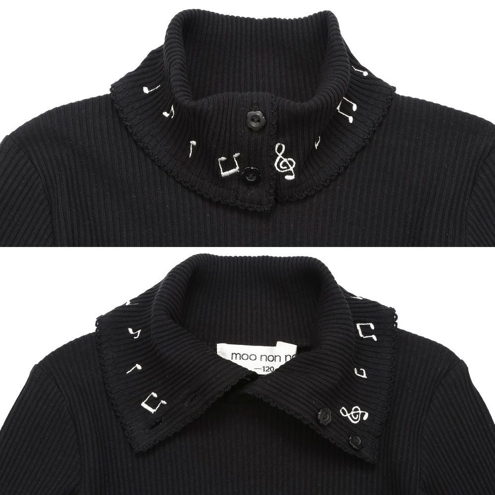 子供服 女の子 子ども服 こども キッズ ジュニア 音符刺繍 ボタン襟付き タートルネック リブ カットソー ブラック(00) デザインポイント1