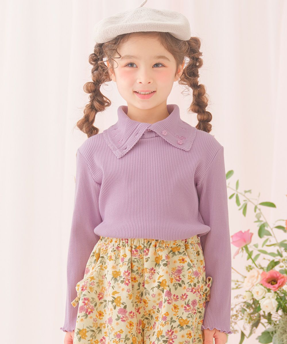 子供服 女の子 子ども服 こども キッズ ジュニア 音符刺繍 ボタン襟付き タートルネック リブ カットソー パープル(91) モデル画像アップ