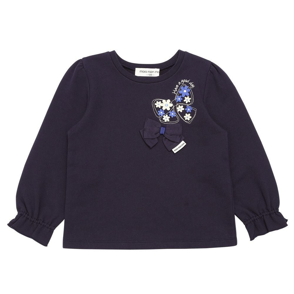 ベビー服 女の子 リボン刺繍 お花モチーフ付き 裏毛トレーナー ネイビー(06) 正面
