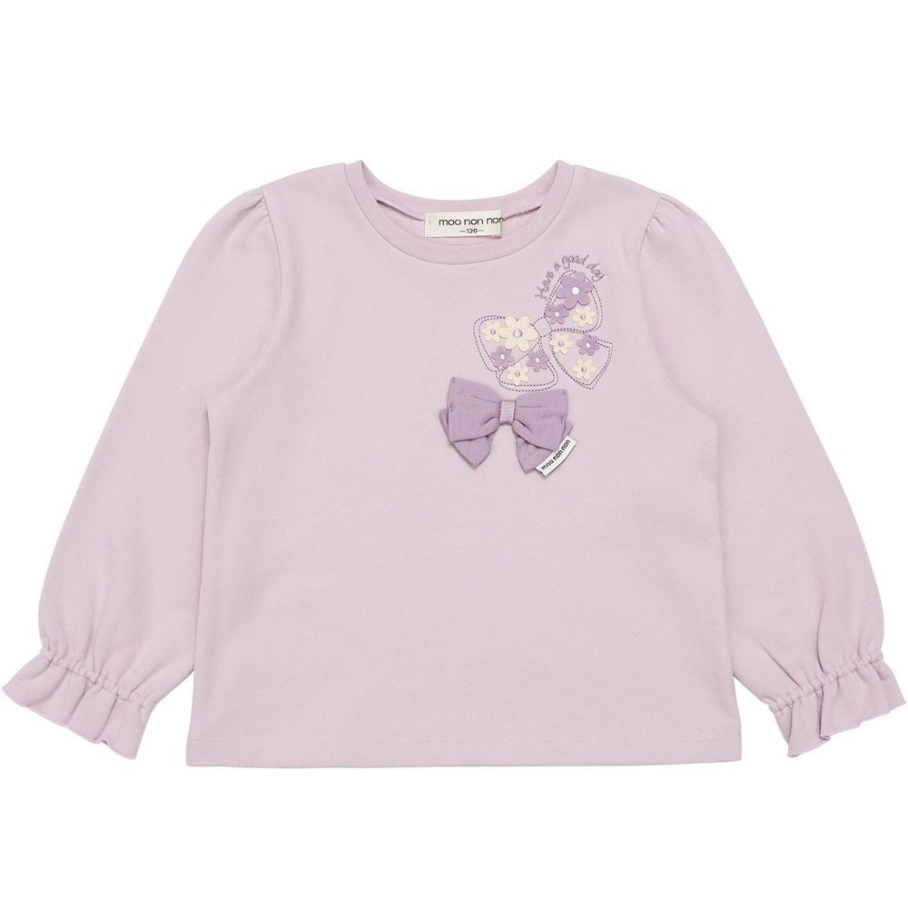 ベビー服 女の子 リボン刺繍 お花モチーフ付き 裏毛トレーナー パープル(91) 正面