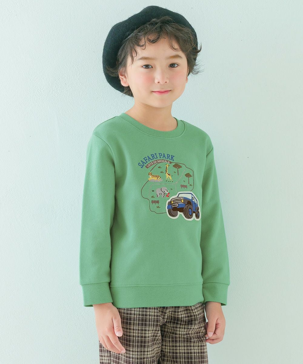 ベビー服 男の子 子ども服 こども キッズ 動物 車 刺繍 ワッペン サファリパーク 裏毛 グリーン(08) モデル画像アップ