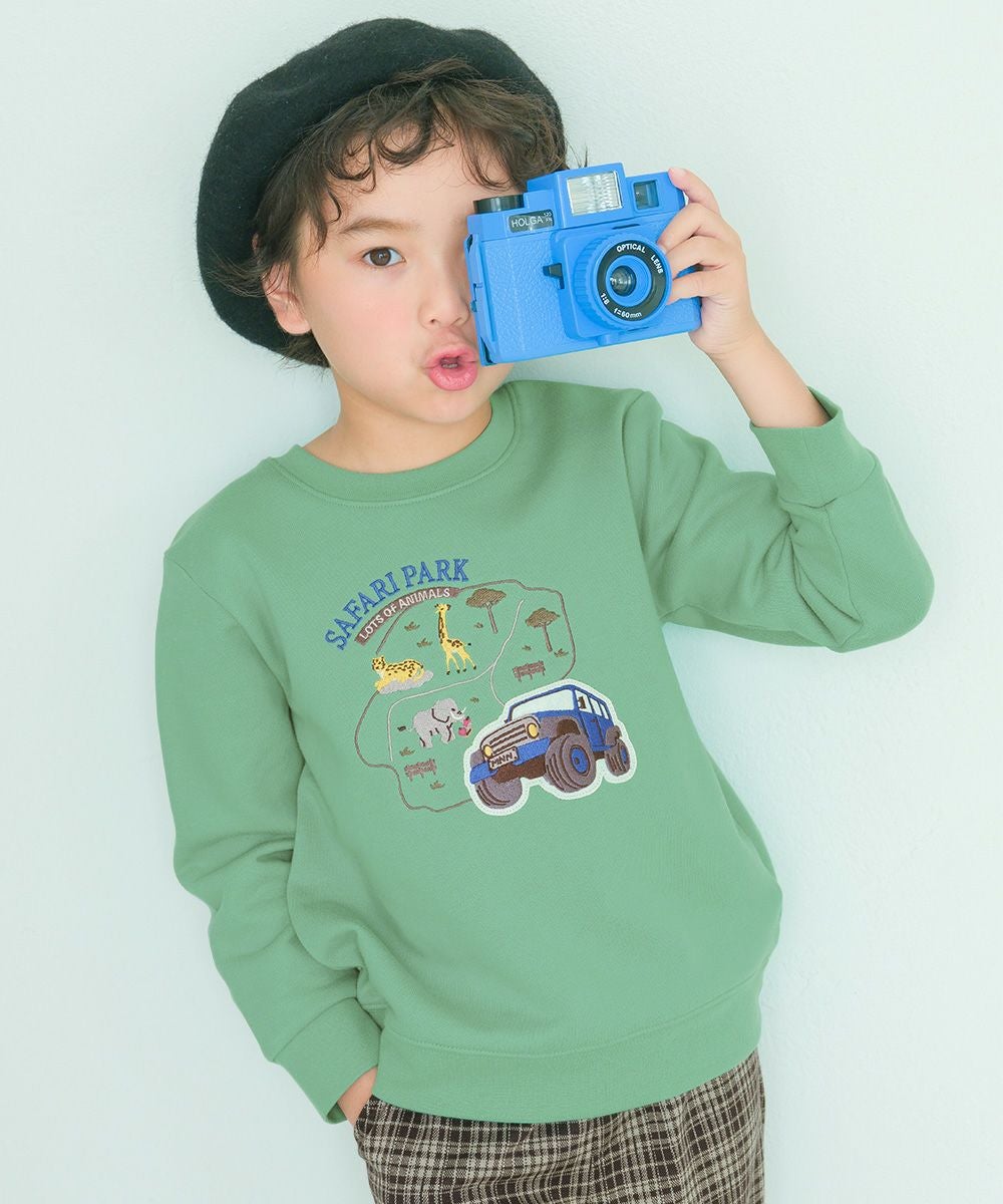 ベビー服 男の子 子ども服 こども キッズ 動物 車 刺繍 ワッペン サファリパーク 裏毛 グリーン(08) モデル画像1