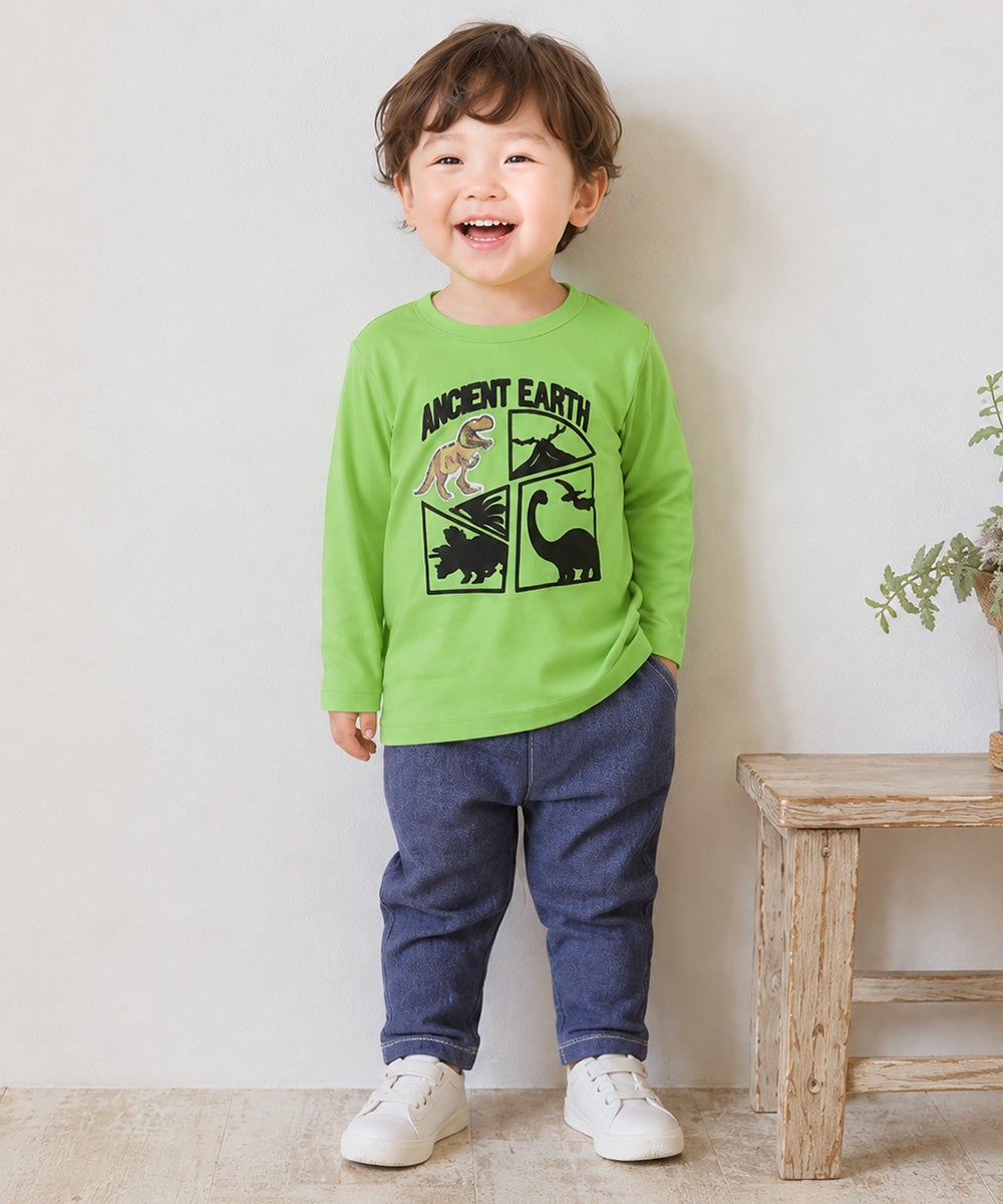 ベビー服 男の子 綿100％ 恐竜刺繍 フロッキープリントTシャツ グリーン(08)