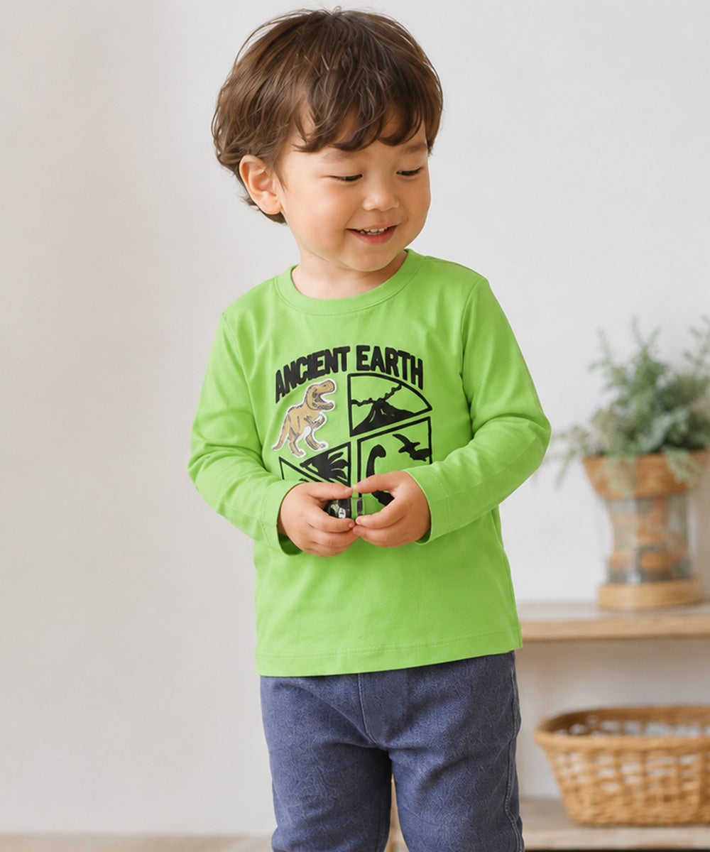ベビー服 男の子 綿100％ 恐竜刺繍 フロッキープリントTシャツ グリーン(08)