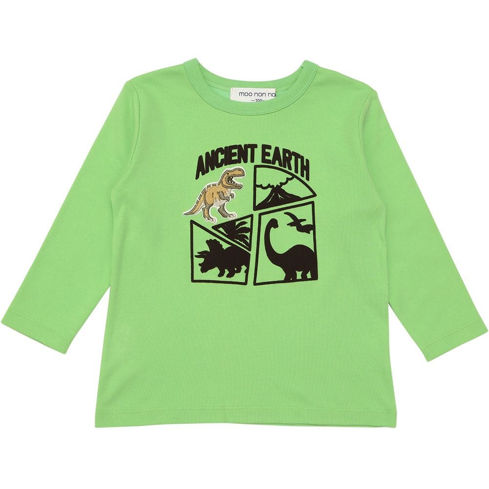 ベビー服 男の子 綿100％ 恐竜刺繍 フロッキープリントTシャツ グリーン(08) 正面
