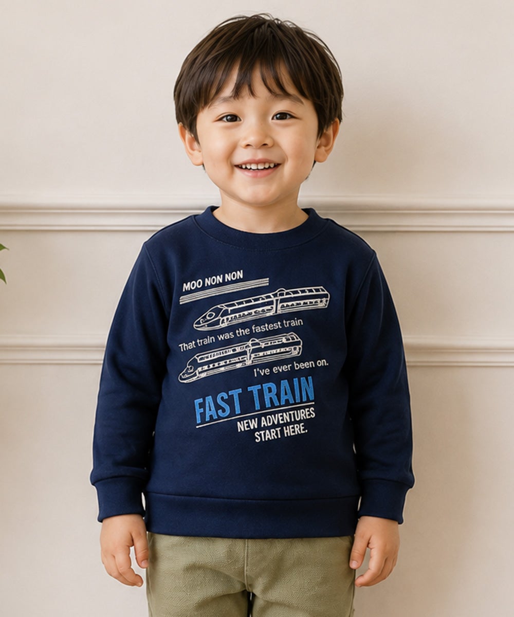 ベビー服 男の子 電車 ロゴ刺繍 裏毛トレーナー ネイビー(06)