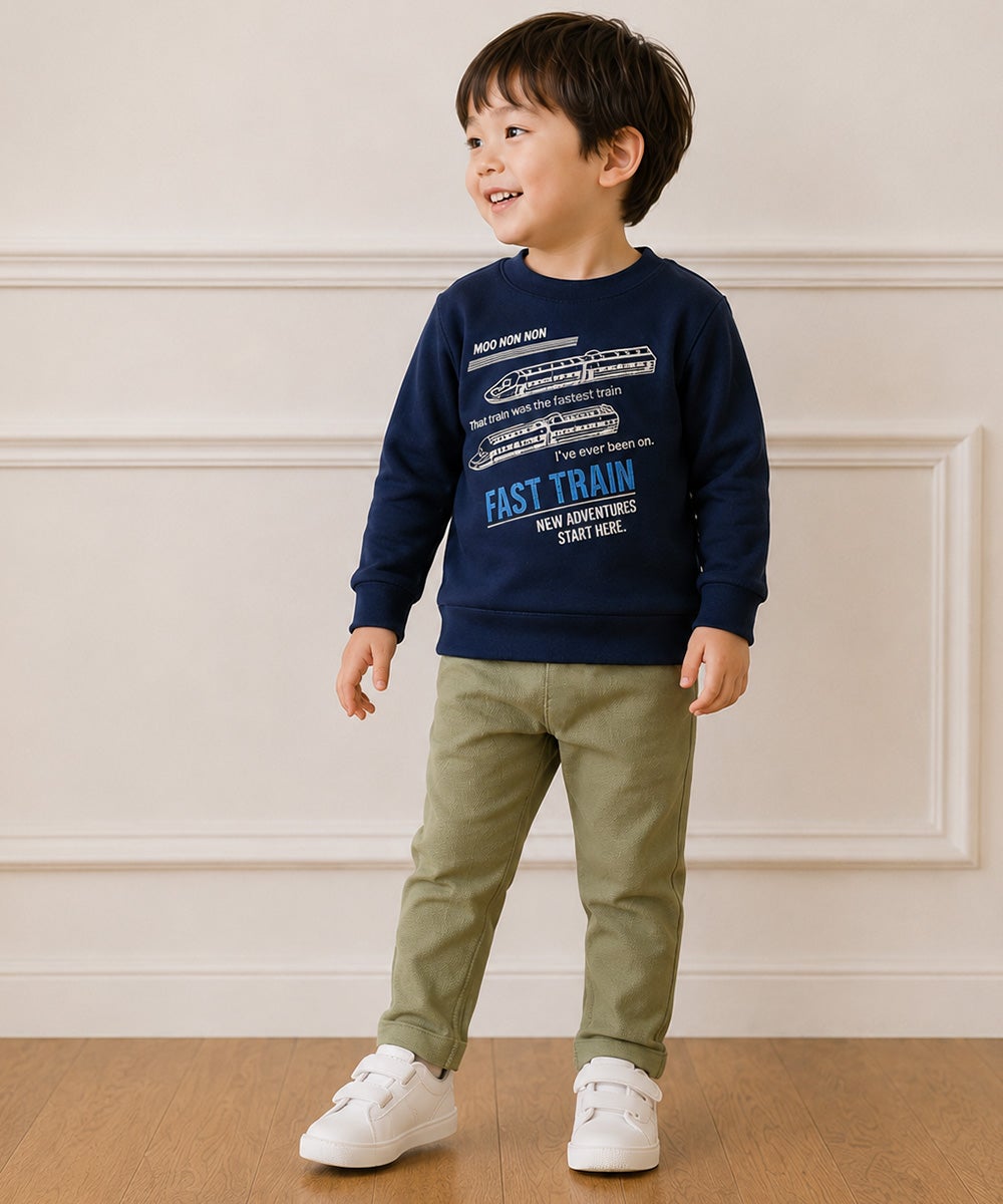 ベビー服 男の子 電車 ロゴ刺繍 裏毛トレーナー ネイビー(06)