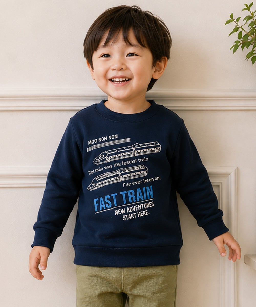ベビー服 男の子 電車 ロゴ刺繍 裏毛トレーナー ネイビー(06)
