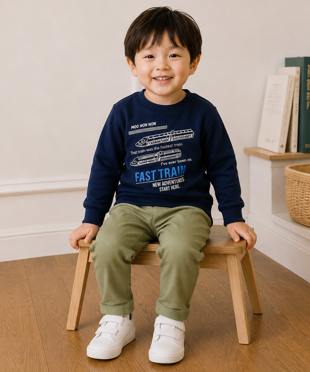 ベビー服 男の子 電車 ロゴ刺繍 裏毛トレーナー ネイビー(06)