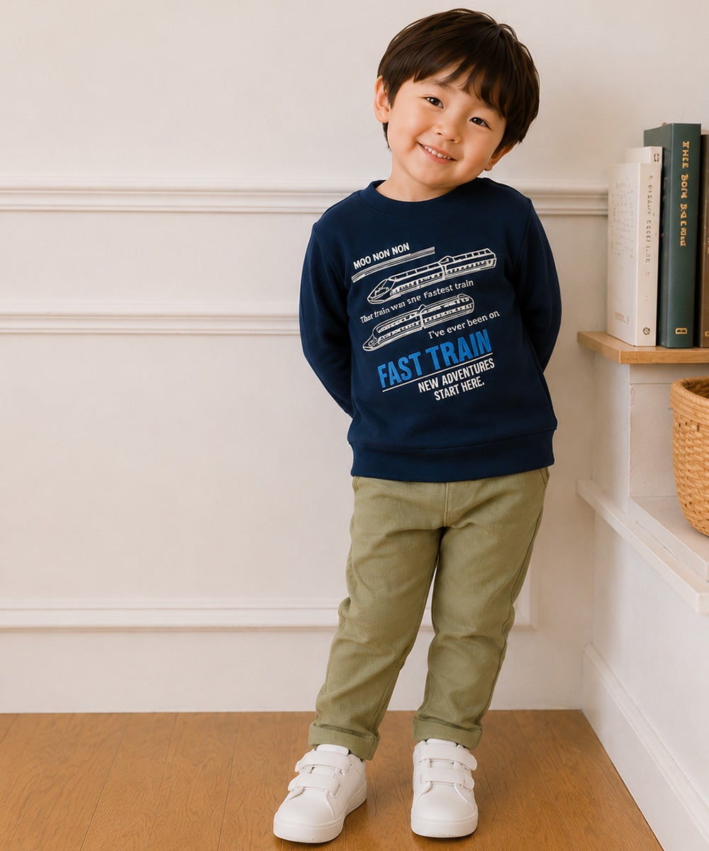 ベビー服 男の子 電車 ロゴ刺繍 裏毛トレーナー ネイビー(06)