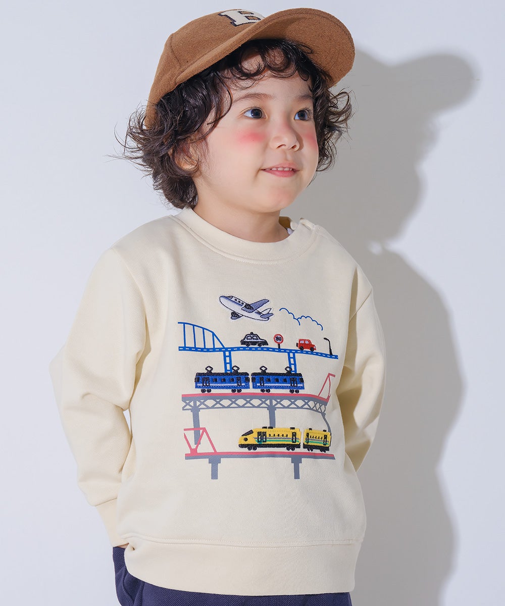ベビー服 男の子 子ども服 こども キッズ 電車 飛行機 ワッペン 車刺繍 乗り物 裏毛 アイボリー(12) モデル画像アップ