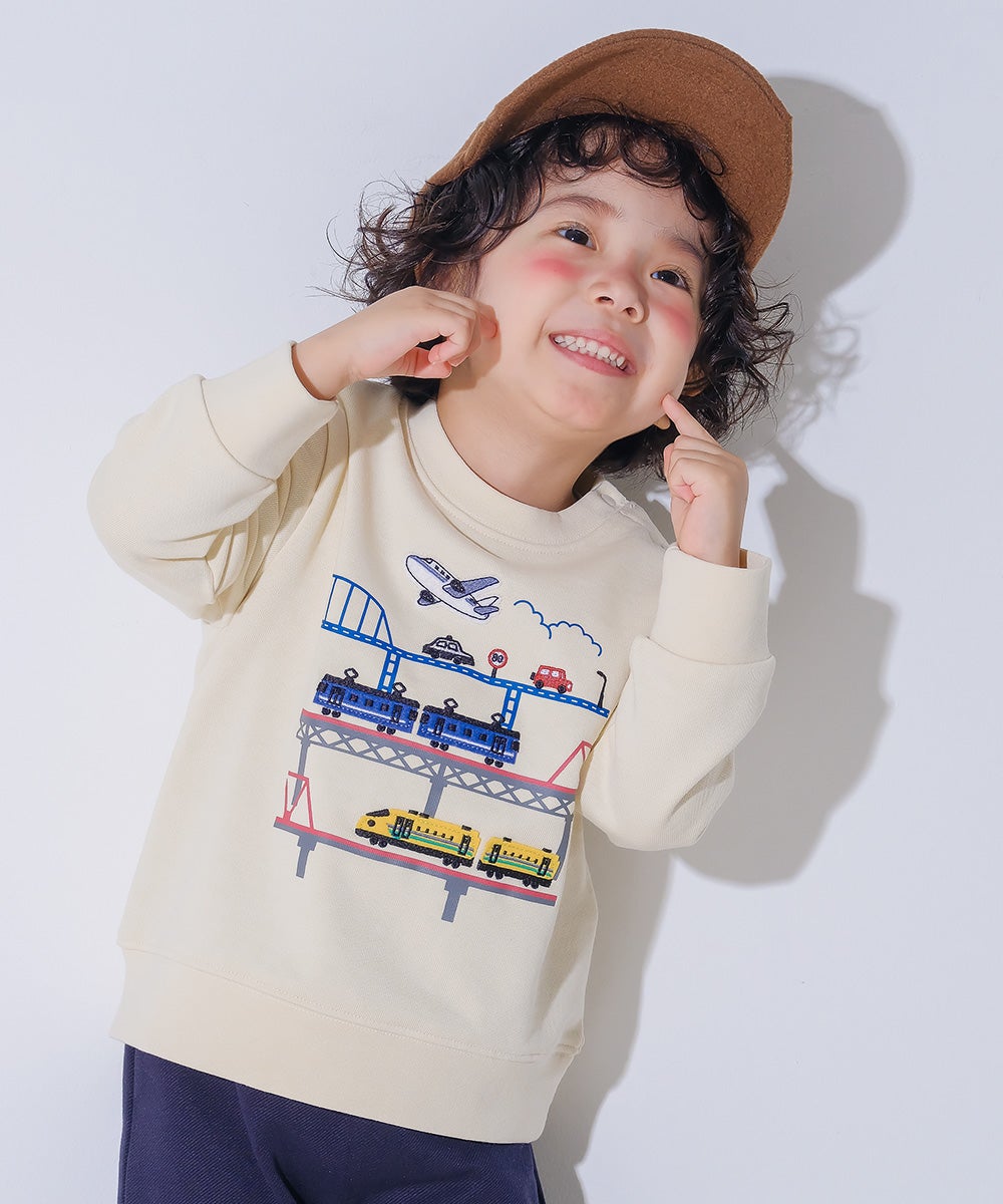 ベビー服 男の子 子ども服 こども キッズ 電車 飛行機 ワッペン 車刺繍 乗り物 裏毛 アイボリー(12) モデル画像1