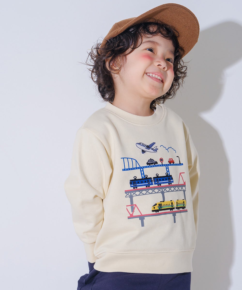 ベビー服 男の子 子ども服 こども キッズ 電車 飛行機 ワッペン 車刺繍 乗り物 裏毛 アイボリー(12) モデル画像3
