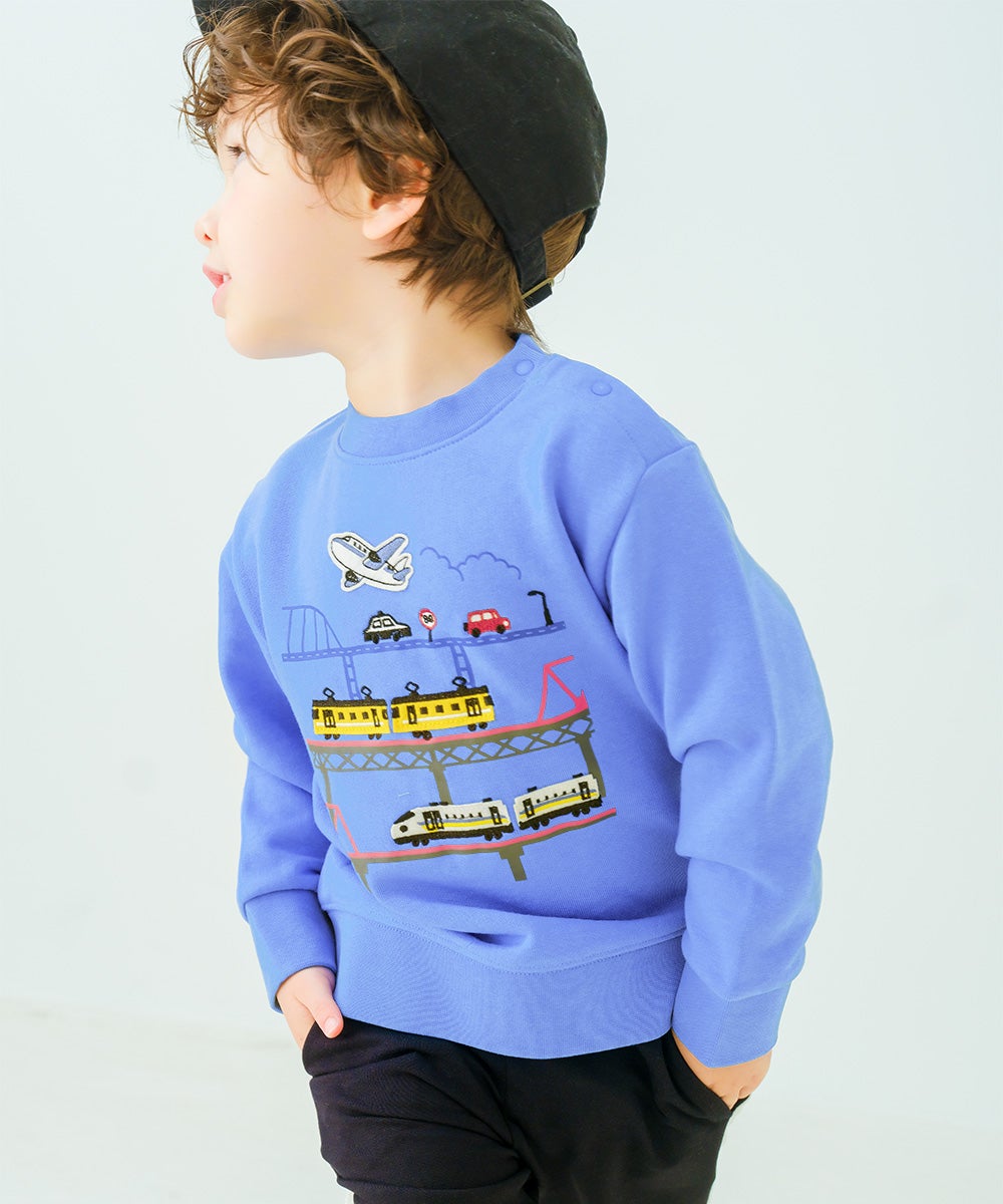 ベビー服 男の子 子ども服 こども キッズ 電車 飛行機 ワッペン 車刺繍 乗り物 裏毛 ブルー(61) モデル画像アップ