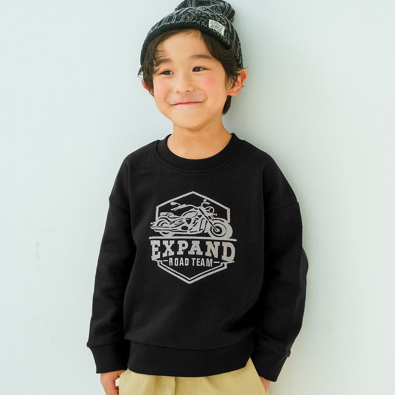 子供服 男の子 バイク ロゴ 乗り物刺繍 ドロップ袖 裏毛トレーナー