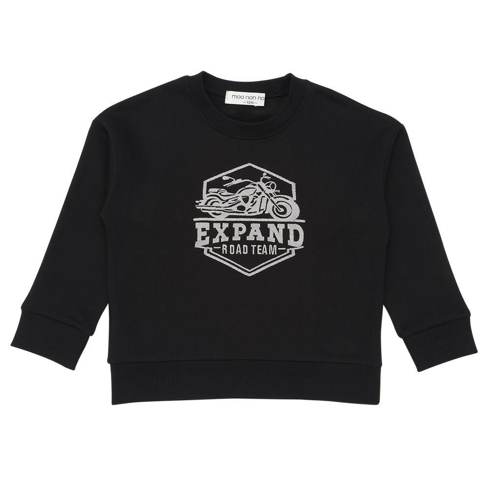子供服 男の子 バイク ロゴ 乗り物刺繍 ドロップ袖 裏毛トレーナー ブラック(00) 正面
