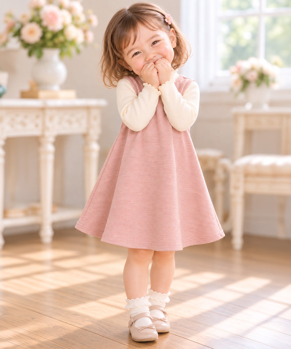 ベビー服 女の子 音符刺繍 Aライン バックリボン付きワンピース ピンク(02) モデル画像4
