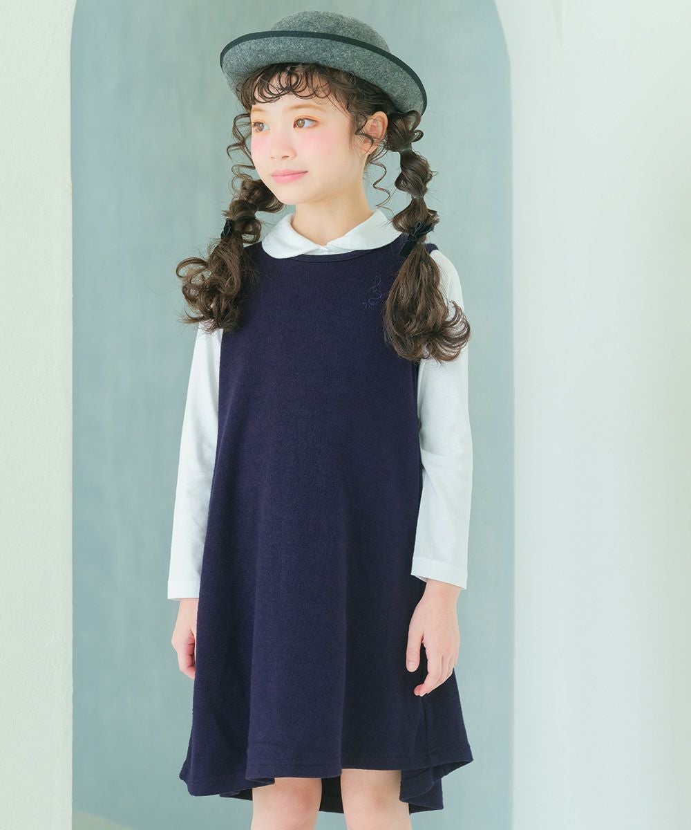 ベビー服 女の子 音符刺繍 Aライン バックリボン付きワンピース ネイビー(06) モデル画像アップ