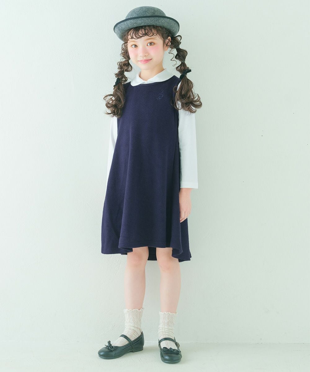 ベビー服 女の子 音符刺繍 Aライン バックリボン付きワンピース ネイビー(06) モデル画像2