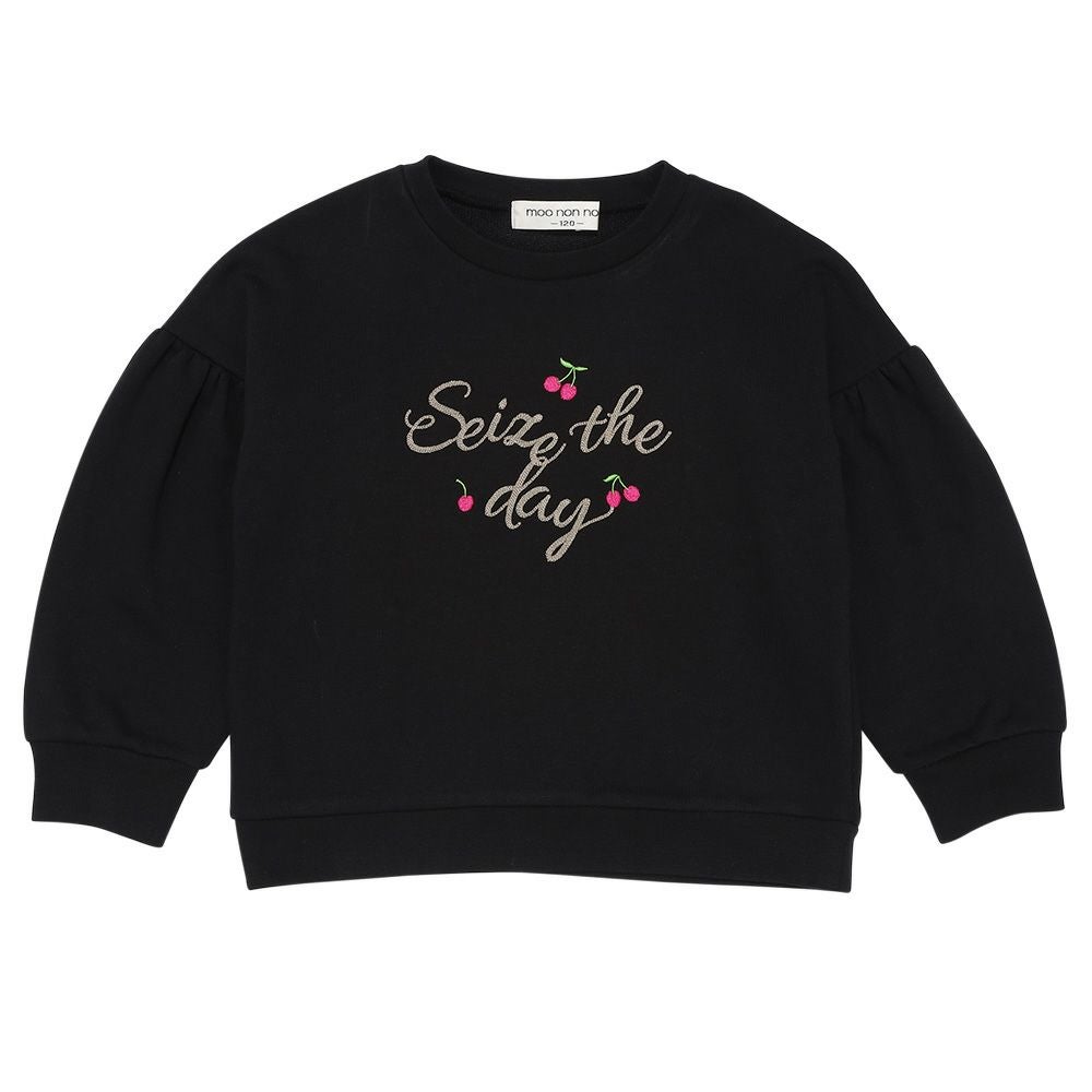 子供服 女の子 チェリー刺繍 ドロップ袖 裏毛トレーナー ブラック(00) 正面