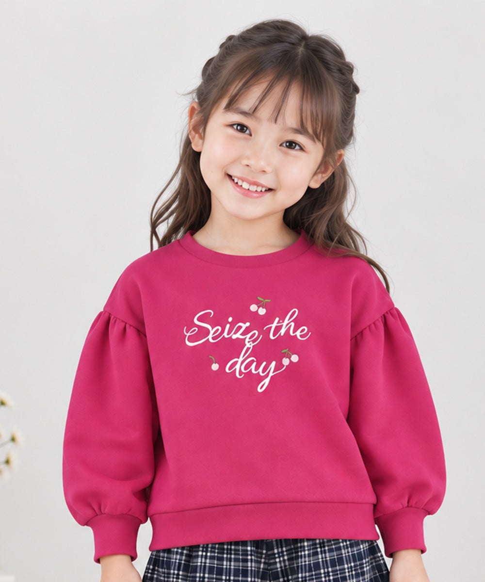 子供服 女の子 チェリー刺繍 ドロップ袖 裏毛トレーナー ピンク(02) 