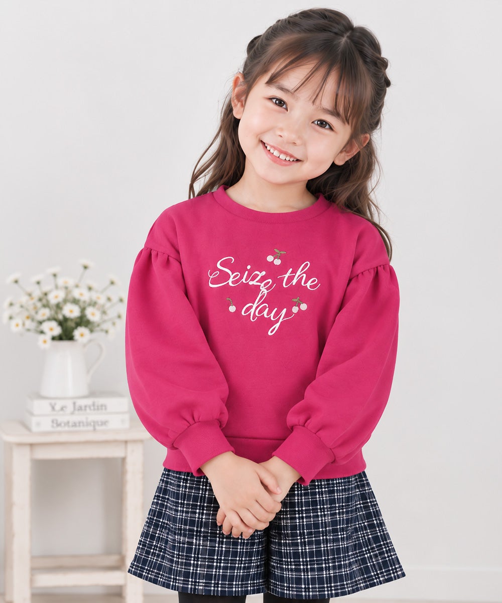 子供服 女の子 チェリー刺繍 ドロップ袖 裏毛トレーナー ピンク(02) 