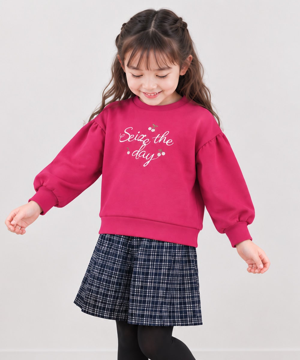 子供服 女の子 チェリー刺繍 ドロップ袖 裏毛トレーナー ピンク(02) 