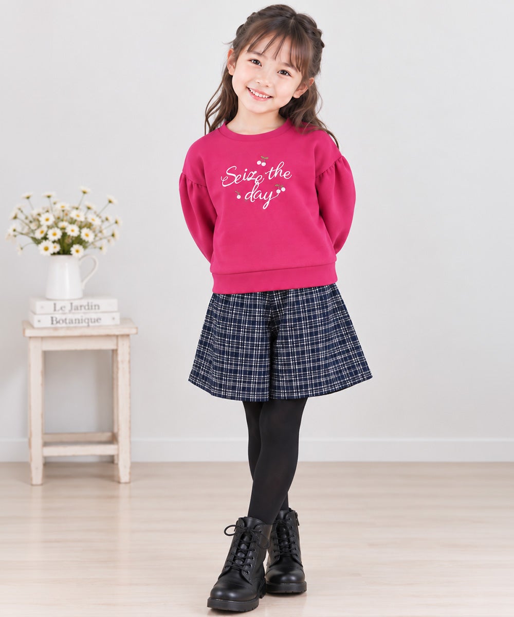 子供服 女の子 チェリー刺繍 ドロップ袖 裏毛トレーナー ピンク(02) 