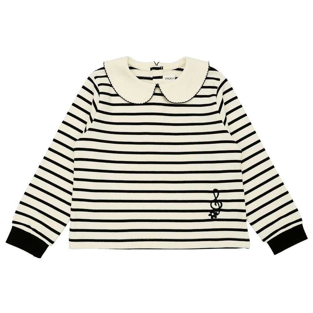 子供服 女の子 音符刺繍 襟付き ボーダー柄 裏毛トレーナー ホワイト×ブラック(10) 正面