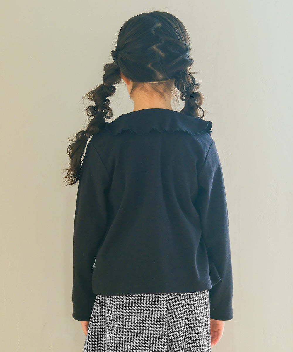 ベビー服 女の子 子ども服 こども服 こども キッズ ジュニア 音符刺繍 フリル襟 ボタン開き リブ ブラック(00) モデル画像全身