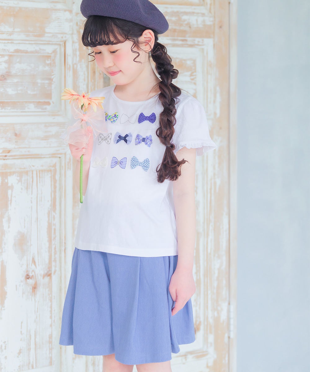 ベビー服 女の子 デニムツイルニット音符ワッペンキュロットパンツ ブルー(61)