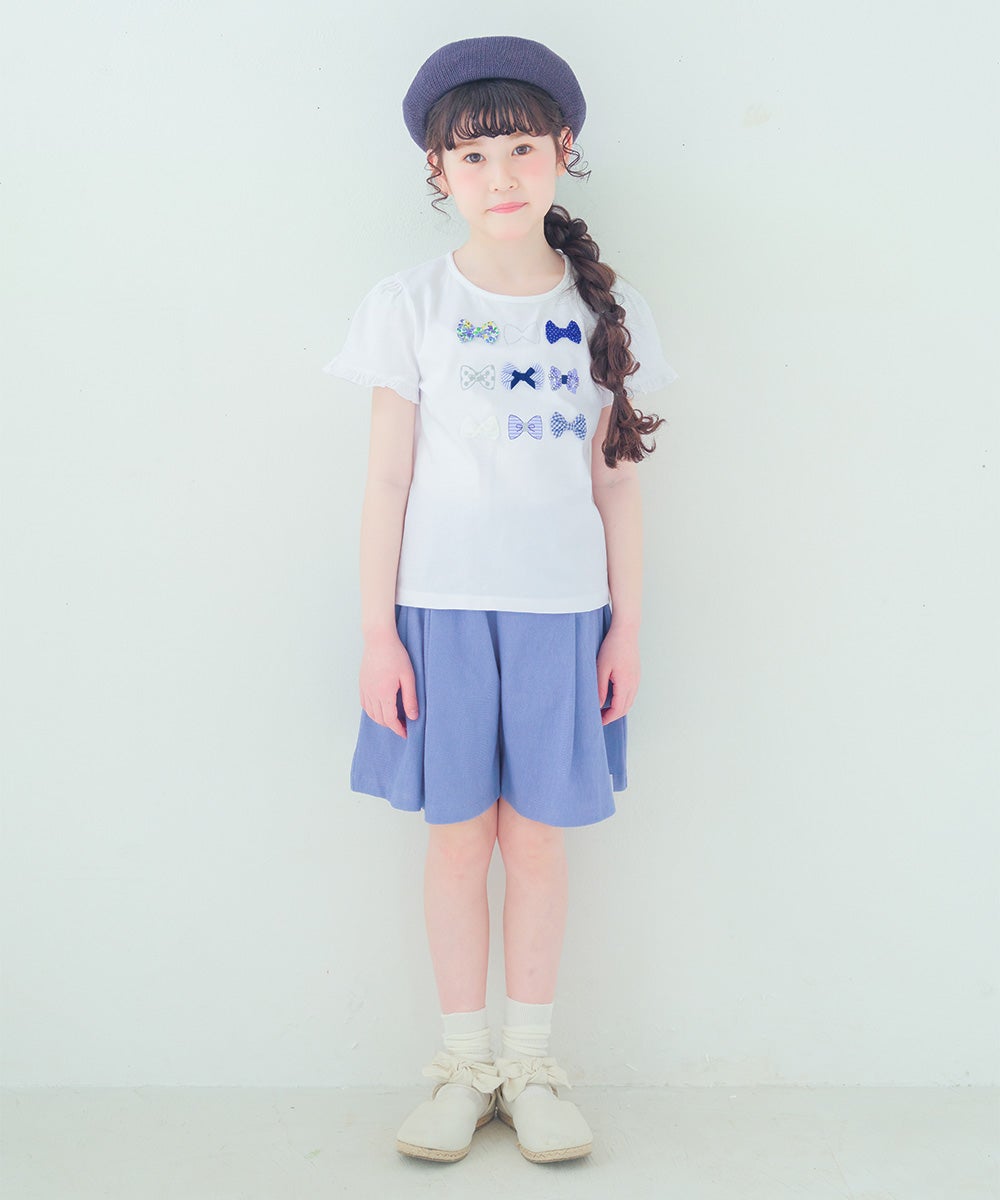 ベビー服 女の子 デニムツイルニット音符ワッペンキュロットパンツ ブルー(61)