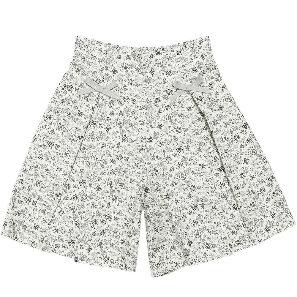 子供服 女の子 綿100％小花柄リボンつき キュロットパンツ グレー(09) 正面