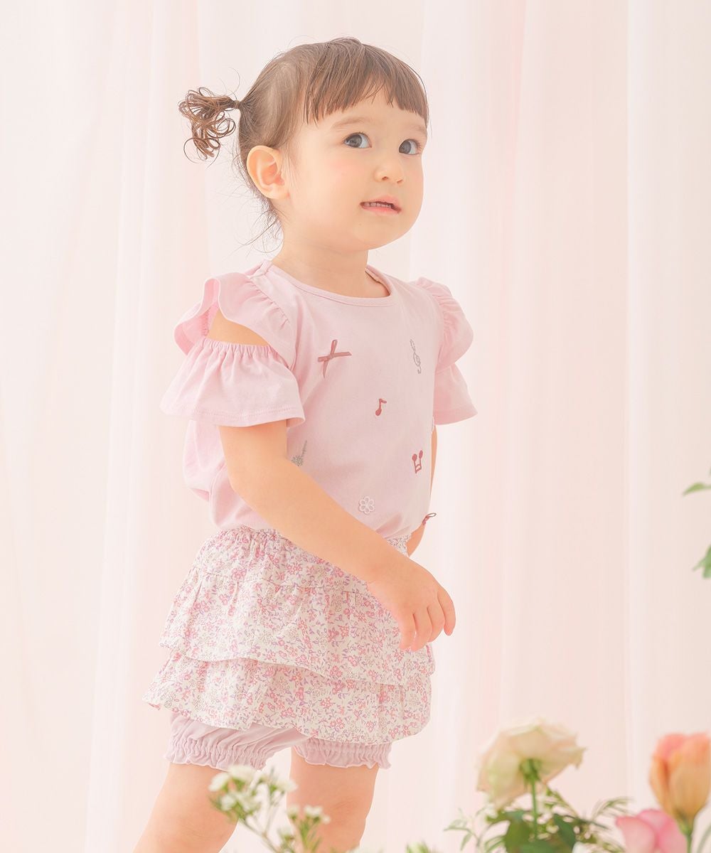 子供服 女の子 綿100％小花柄フリルかぼちゃパンツ ピンク(02) モデル画像全身