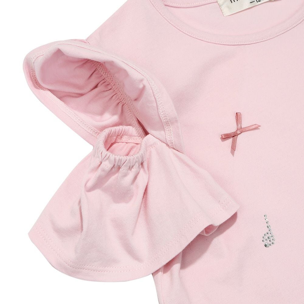 ベビー服 女の子 綿100％音符刺繍 肩あきフリル袖Ｔシャツ ピンク(02) デザインポイント2