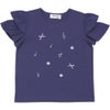 ベビー服 女の子 綿100％音符刺繍 肩あきフリル袖Ｔシャツ ネイビー(06) 正面