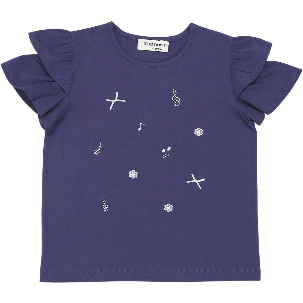 ベビー服 女の子 綿100％音符刺繍 肩あきフリル袖Ｔシャツ ネイビー(06) 正面