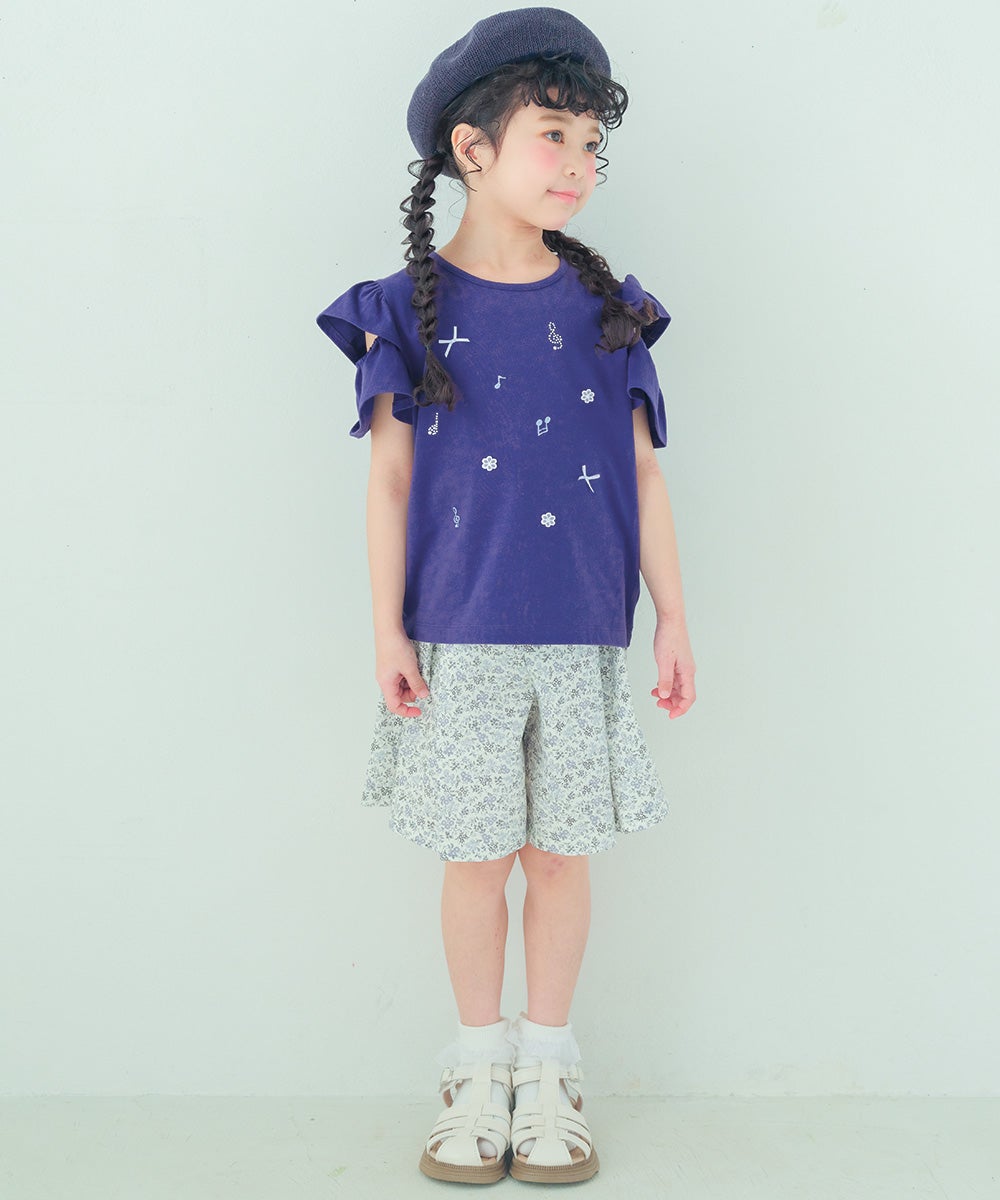 ベビー服 女の子 綿100％音符刺繍 肩あきフリル袖Ｔシャツ ネイビー(06)