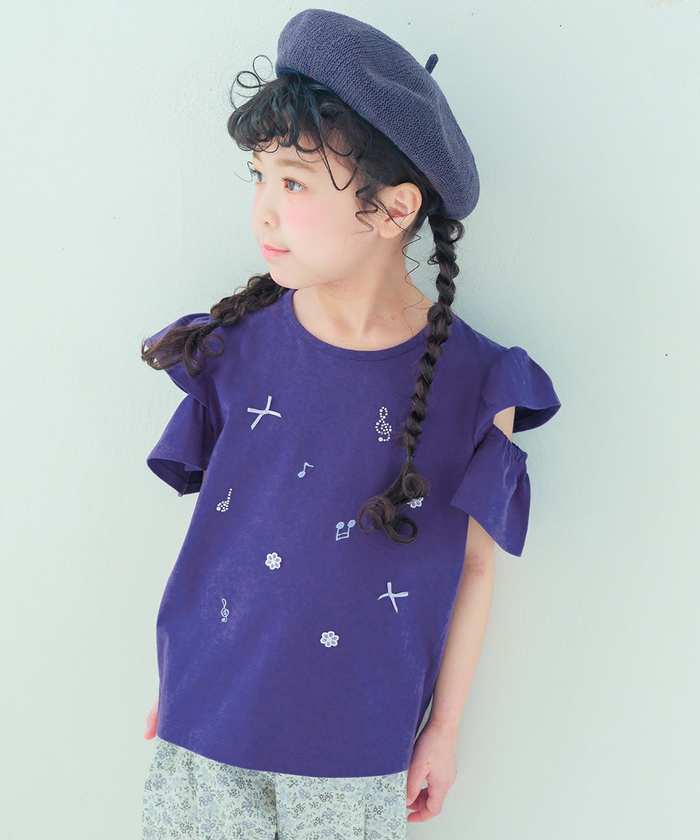 ベビー服 女の子 綿100％音符刺繍 肩あきフリル袖Ｔシャツ ネイビー(06)