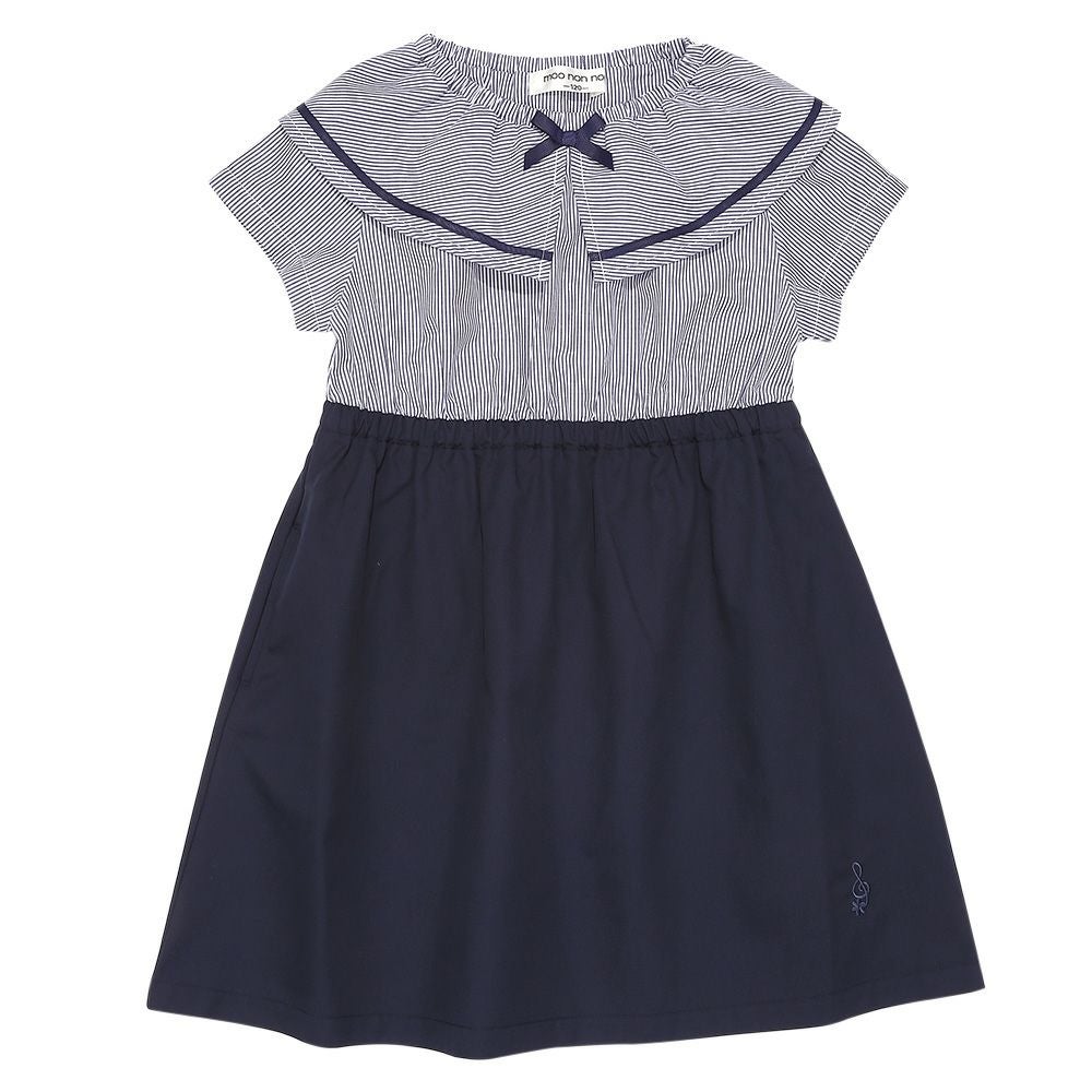 子供服 女の子 ストライプ柄 リボン襟付き 音符刺繍ワンピース ネイビー(06) 正面