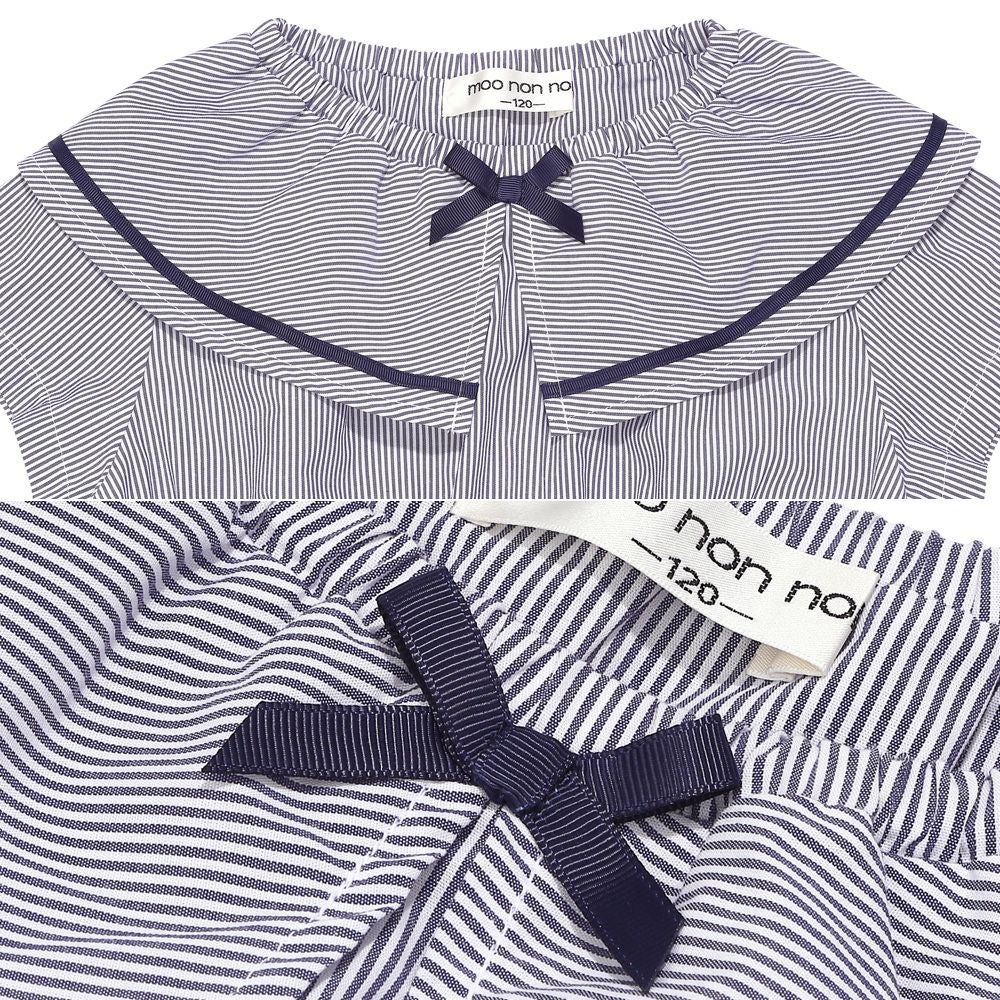 子供服 女の子 ストライプ柄 リボン襟付き 音符刺繍ワンピース ネイビー(06) デザインポイント1