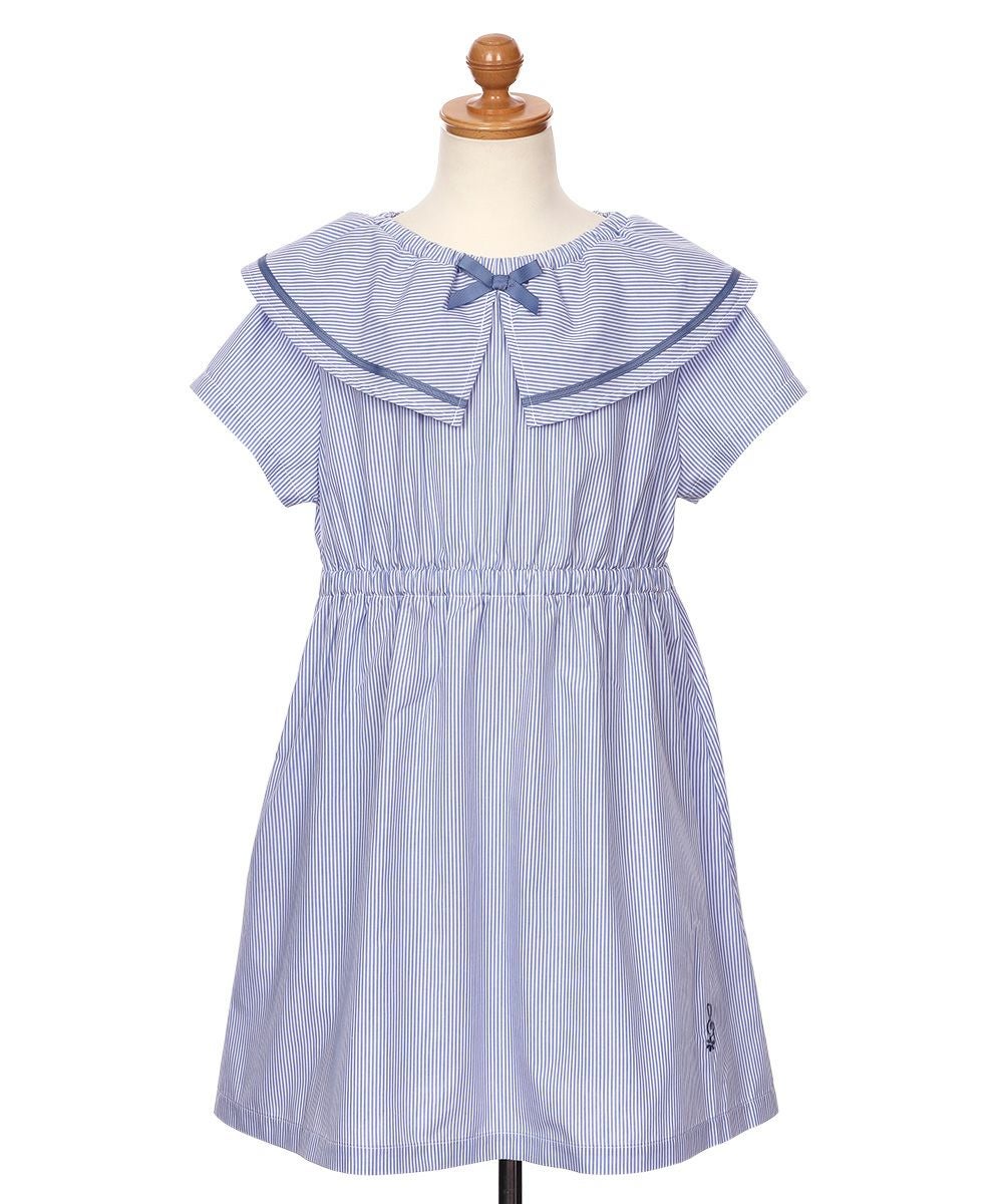 子供服 女の子 ストライプ柄 リボン襟付き 音符刺繍ワンピース ブルー(61) トルソー正面