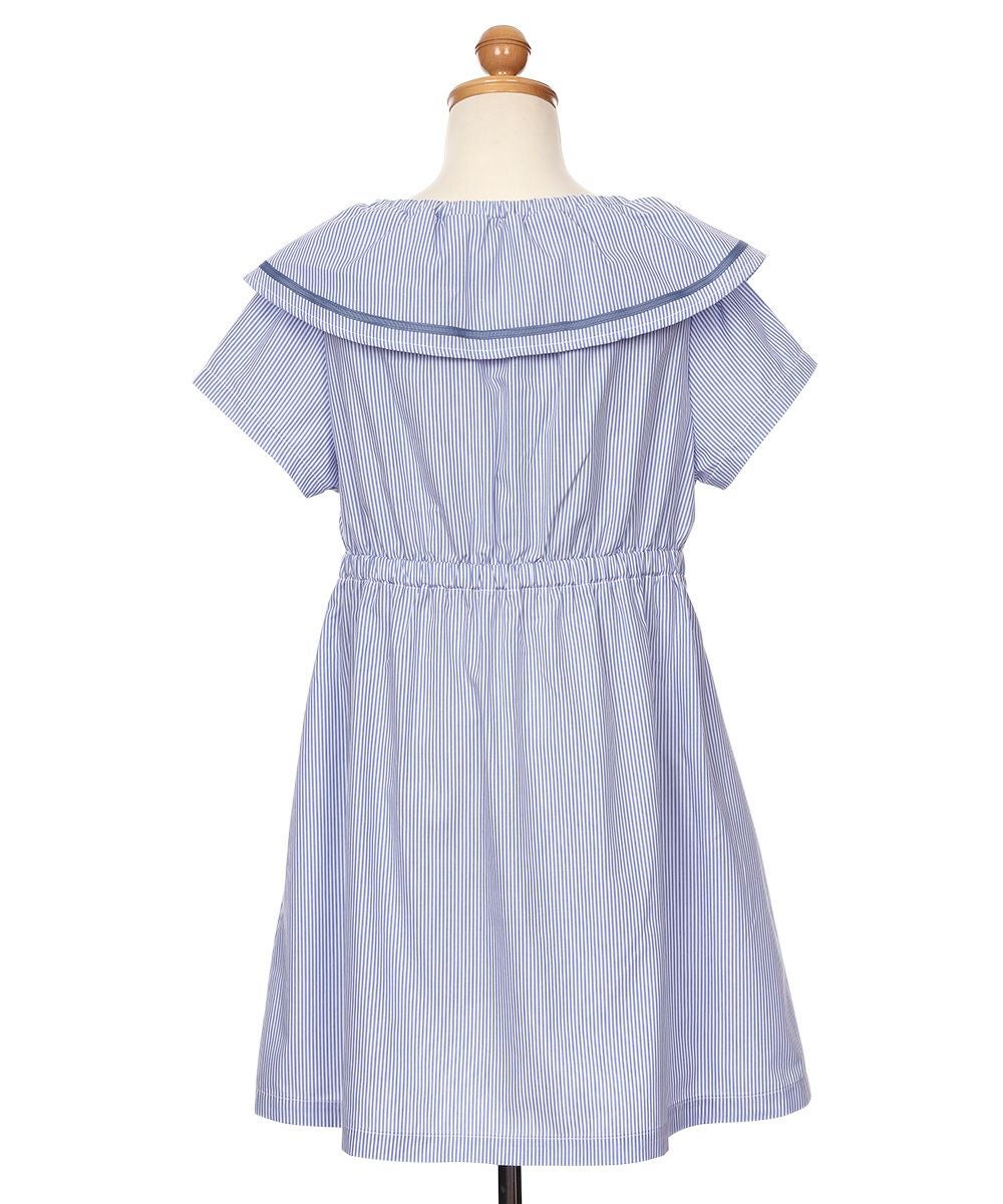 子供服 女の子 ストライプ柄 リボン襟付き 音符刺繍ワンピース ブルー(61) トルソー背面