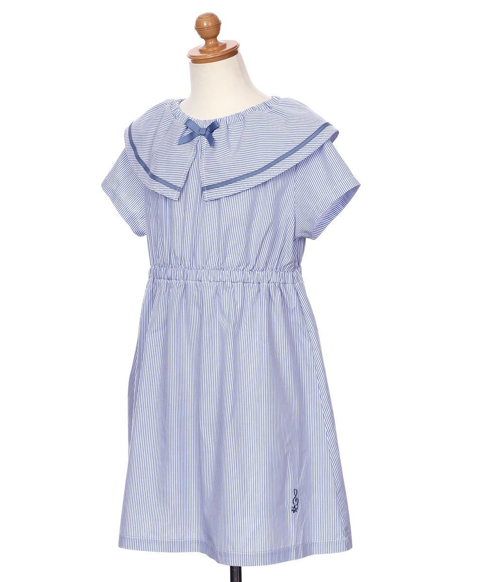 子供服 女の子 ストライプ柄 リボン襟付き 音符刺繍ワンピース ブルー(61) トルソー斜め