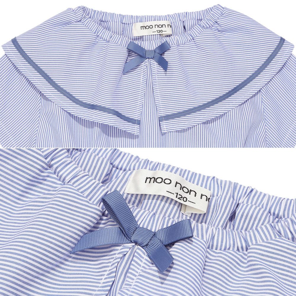 子供服 女の子 ストライプ柄 リボン襟付き 音符刺繍ワンピース ブルー(61) デザインポイント1