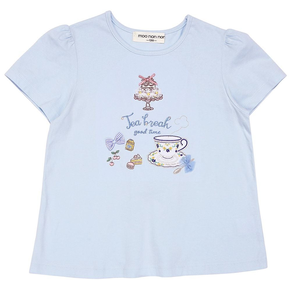 ベビー服 女の子 子ども服 こども服 キッズ ジュニア 綿100％ ティーカップ スイーツ 刺繍 バックリボン ブルー(61) 正面