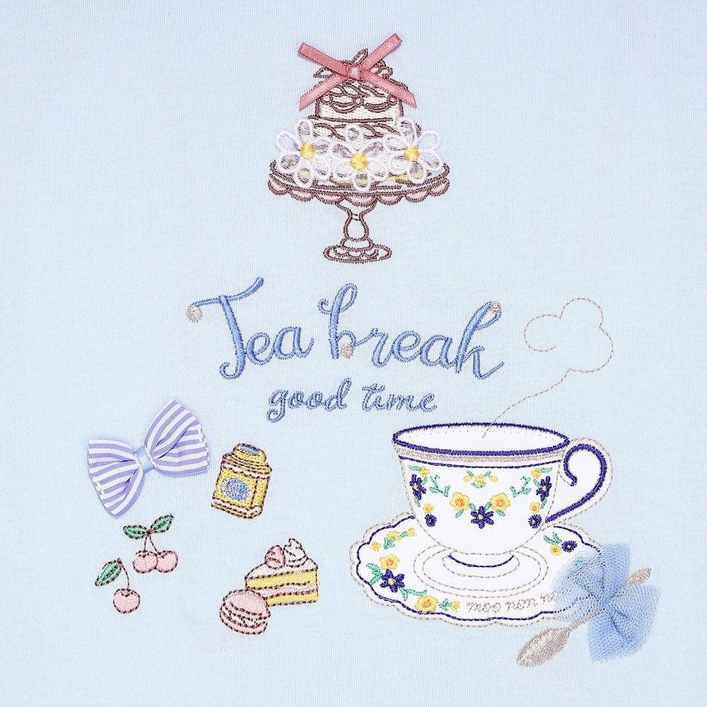 ベビー服 女の子 子ども服 こども服 キッズ ジュニア 綿100％ ティーカップ スイーツ 刺繍 バックリボン ブルー(61) デザインポイント1