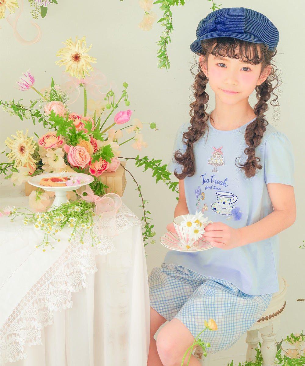 ベビー服 女の子 子ども服 こども服 キッズ ジュニア 綿100％ ティーカップ スイーツ 刺繍 バックリボン ブルー(61) 