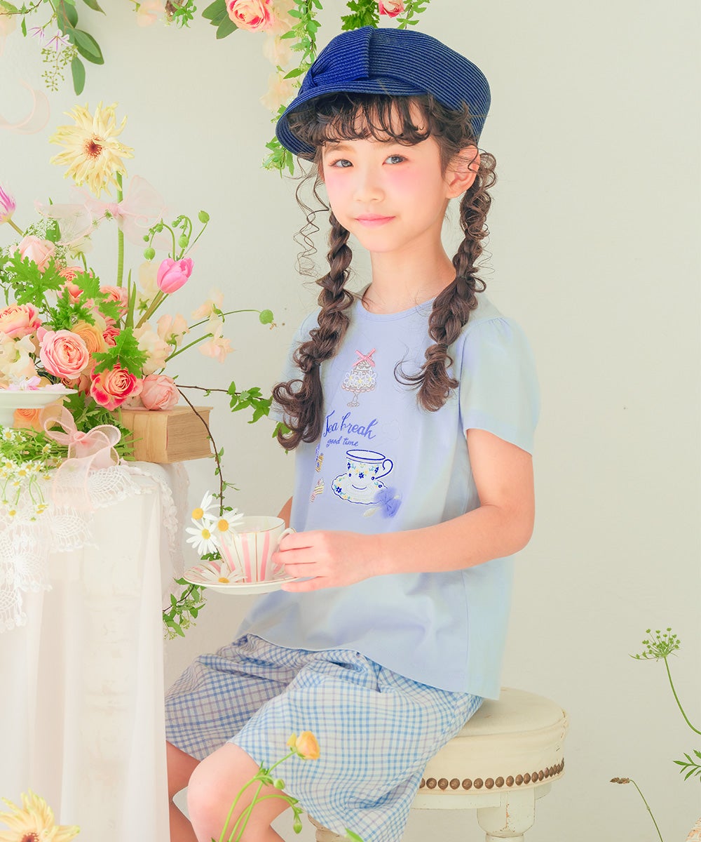 ベビー服 女の子 子ども服 こども服 キッズ ジュニア 綿100％ ティーカップ スイーツ 刺繍 バックリボン ブルー(61) 